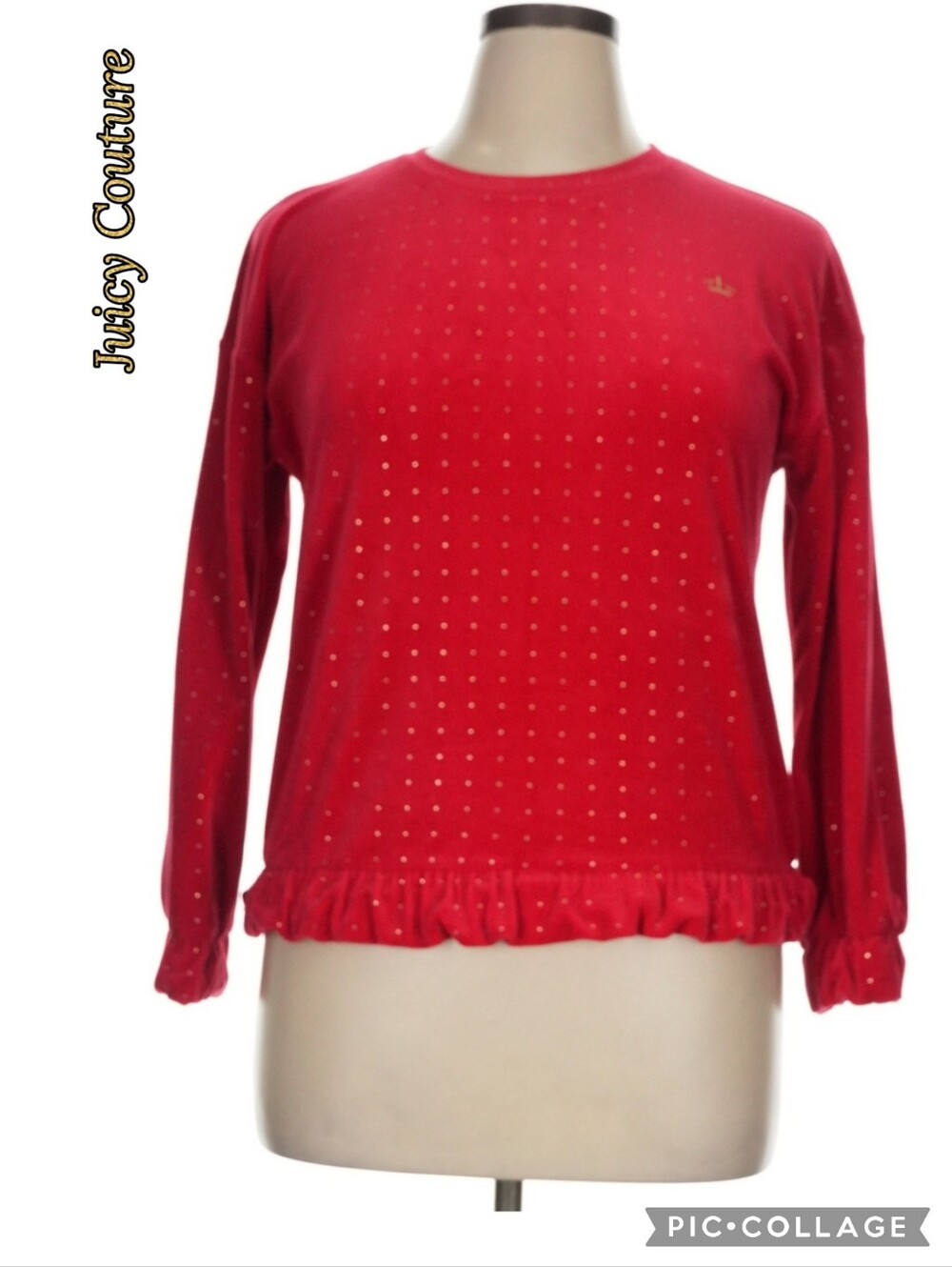 Juicy Couture red velour top, ruffle hem & cuff, sparkle knit fabric, crew neck